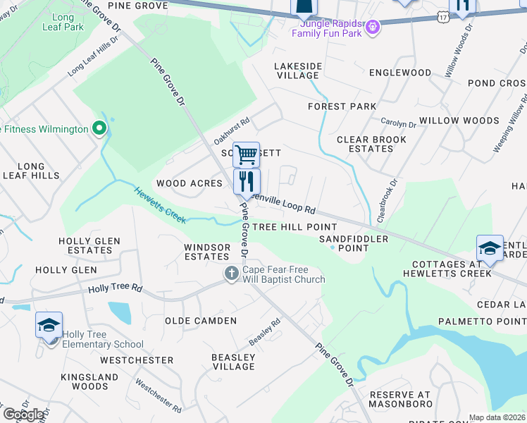 map of restaurants, bars, coffee shops, grocery stores, and more near 5130 Tidal Oaks in Wilmington