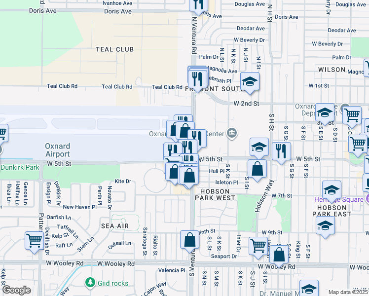map of restaurants, bars, coffee shops, grocery stores, and more near 481 South Ventura Road in Oxnard