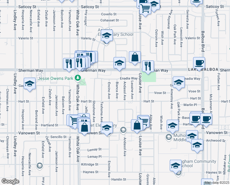 map of restaurants, bars, coffee shops, grocery stores, and more near 7033 Bianca Avenue in Los Angeles