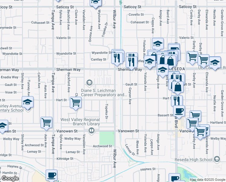 map of restaurants, bars, coffee shops, grocery stores, and more near 7033 Wilbur Avenue in Los Angeles