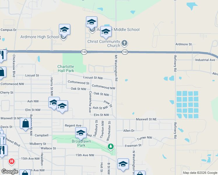 map of restaurants, bars, coffee shops, grocery stores, and more near 403 Cottonwood Street in Ardmore