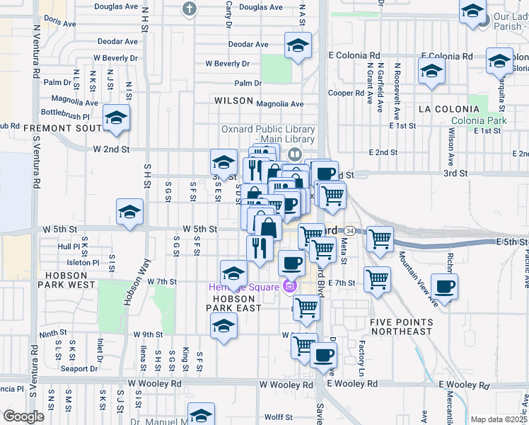map of restaurants, bars, coffee shops, grocery stores, and more near 420 South C Street in Oxnard