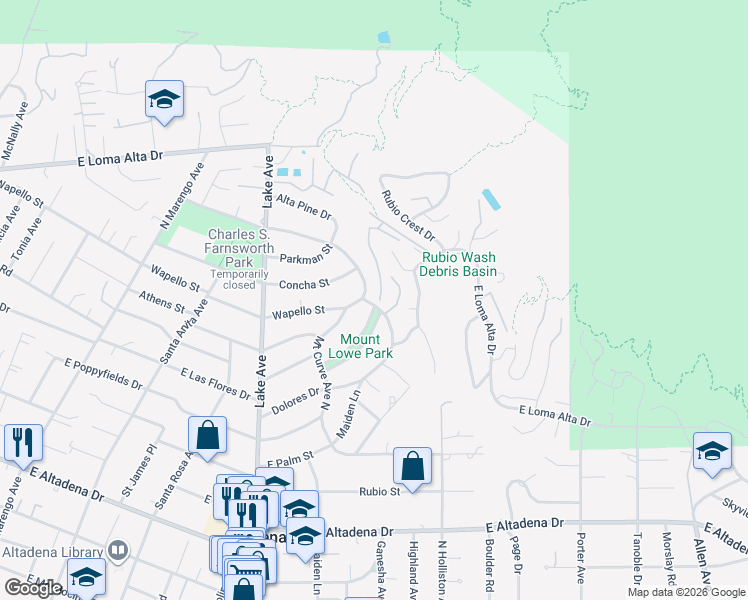 map of restaurants, bars, coffee shops, grocery stores, and more near 3170 Maiden Lane in Altadena