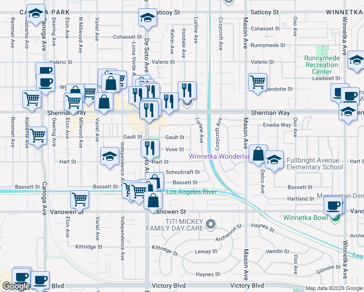 map of restaurants, bars, coffee shops, grocery stores, and more near 20737 Vose Street in Los Angeles