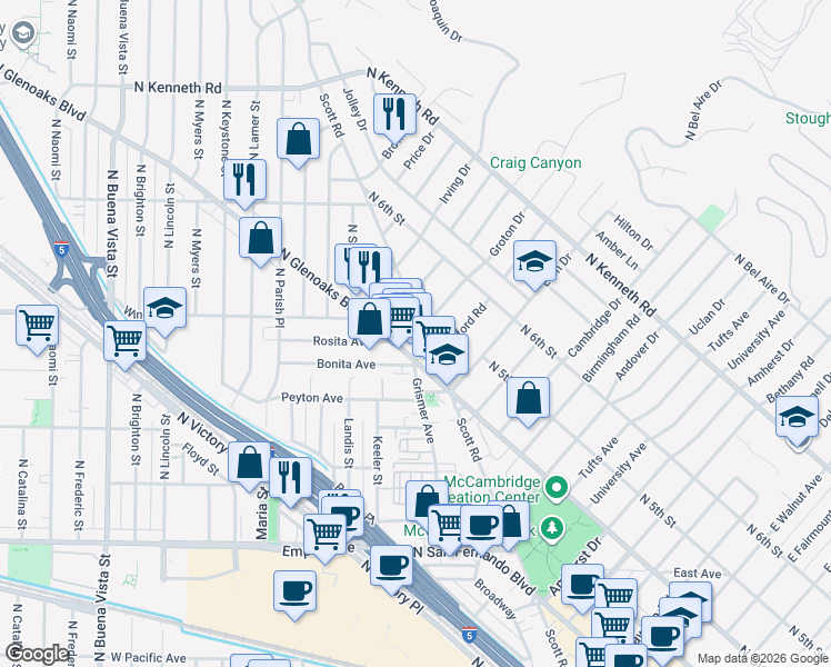 map of restaurants, bars, coffee shops, grocery stores, and more near 2121 Scott Road in Burbank