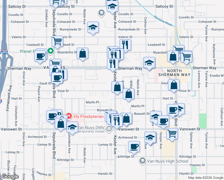 map of restaurants, bars, coffee shops, grocery stores, and more near 14911 Vose Street in Los Angeles