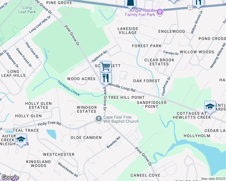 map of restaurants, bars, coffee shops, grocery stores, and more near 5130 Tidal Oaks in Wilmington