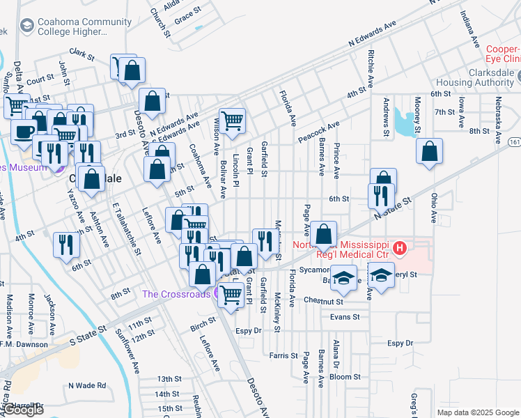 map of restaurants, bars, coffee shops, grocery stores, and more near 619 Garfield Street in Clarksdale