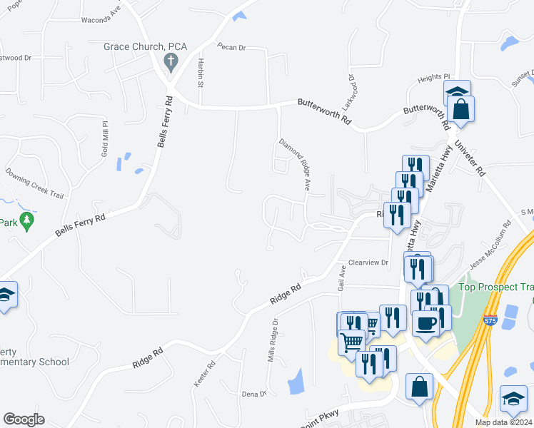 map of restaurants, bars, coffee shops, grocery stores, and more near 224 Diamond Valley Pass in Canton