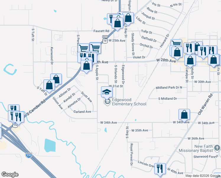 map of restaurants, bars, coffee shops, grocery stores, and more near 3103 Taylor Drive in Pine Bluff