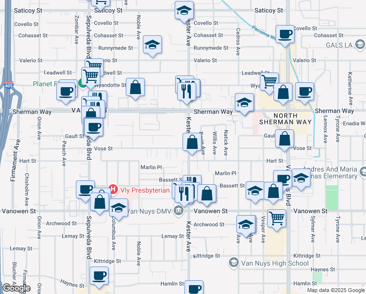 map of restaurants, bars, coffee shops, grocery stores, and more near 14911 Vose Street in Los Angeles