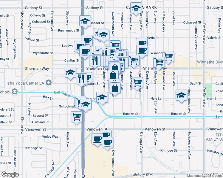 map of restaurants, bars, coffee shops, grocery stores, and more near 7041 Owensmouth Avenue in Los Angeles