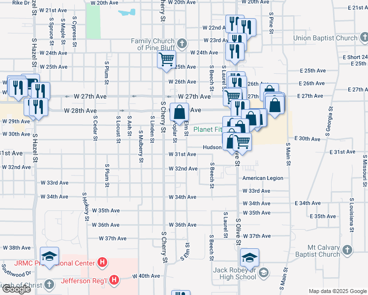 map of restaurants, bars, coffee shops, grocery stores, and more near 3008 South Elm Street in Pine Bluff