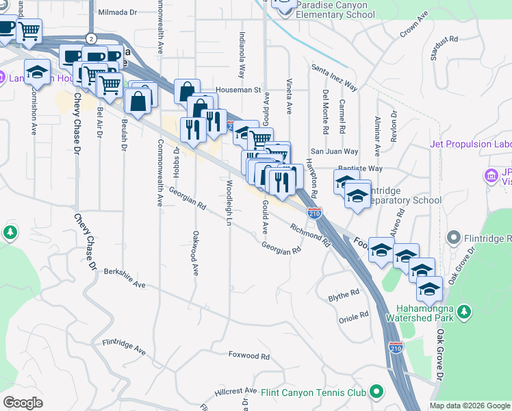 map of restaurants, bars, coffee shops, grocery stores, and more near 4455 Gould Ave in La Cañada Flintridge