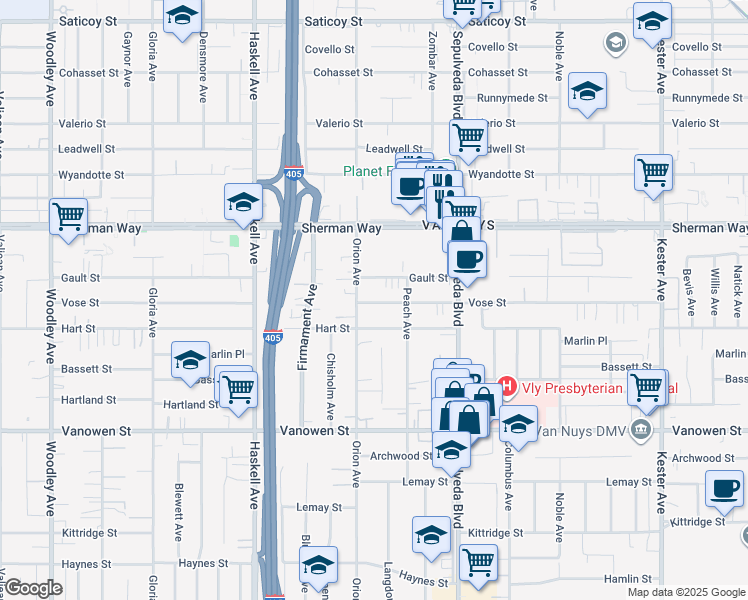 map of restaurants, bars, coffee shops, grocery stores, and more near 15447 Vose Street in Los Angeles