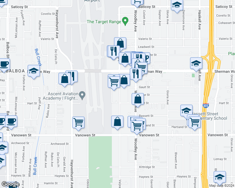 map of restaurants, bars, coffee shops, grocery stores, and more near 7033 Valjean Avenue in Los Angeles