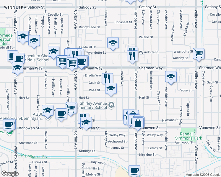 map of restaurants, bars, coffee shops, grocery stores, and more near 7037 Tunney Avenue in Los Angeles