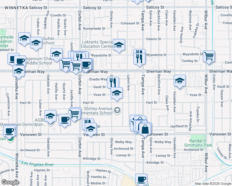map of restaurants, bars, coffee shops, grocery stores, and more near 7037 Tunney Avenue in Los Angeles