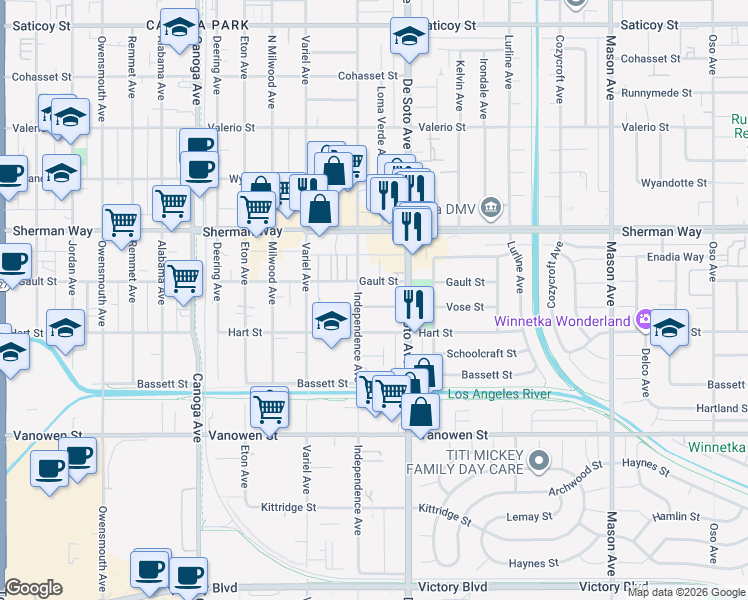 map of restaurants, bars, coffee shops, grocery stores, and more near 20941 Vose Street in Los Angeles