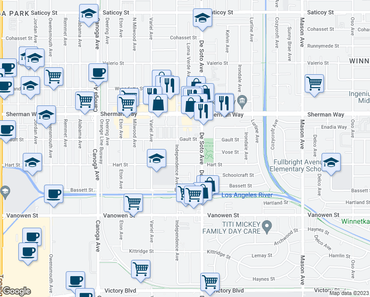 map of restaurants, bars, coffee shops, grocery stores, and more near 20941 Vose Street in Los Angeles