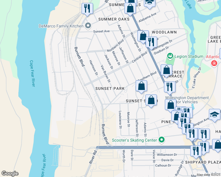 map of restaurants, bars, coffee shops, grocery stores, and more near 2140 Van Buren Street in Wilmington