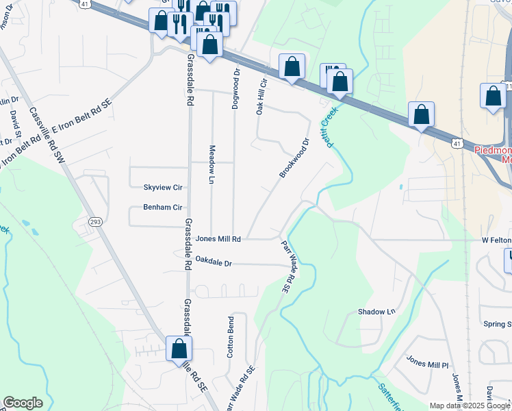 map of restaurants, bars, coffee shops, grocery stores, and more near 6 Brookwood Drive in Cartersville