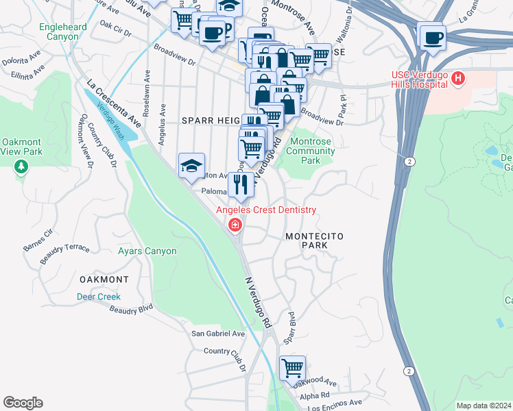 map of restaurants, bars, coffee shops, grocery stores, and more near 1809 Glencoe Way in Glendale