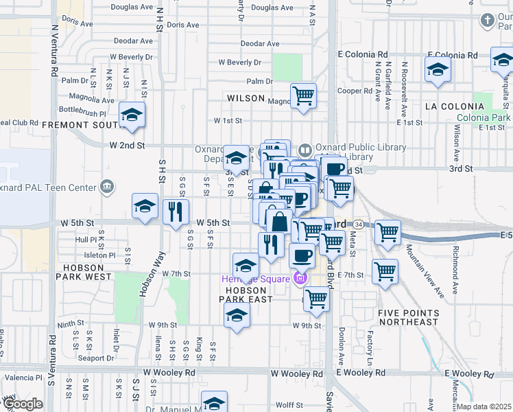 map of restaurants, bars, coffee shops, grocery stores, and more near 420 South D Street in Oxnard
