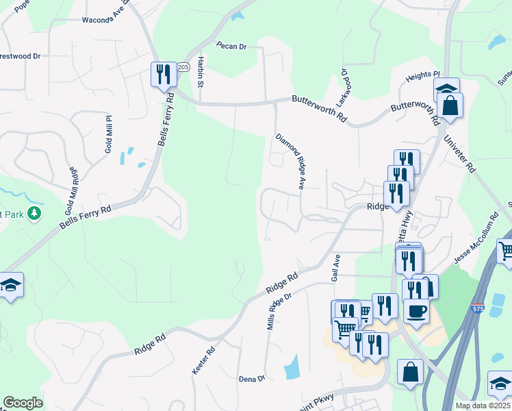 map of restaurants, bars, coffee shops, grocery stores, and more near 224 Diamond Valley Pass in Canton