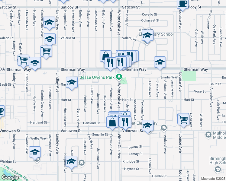 map of restaurants, bars, coffee shops, grocery stores, and more near 7034 Yarmouth Avenue in Los Angeles