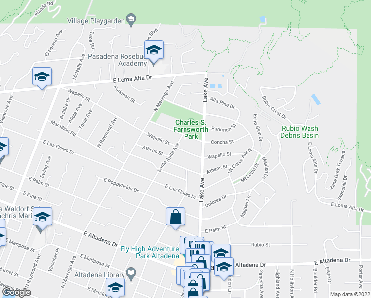 map of restaurants, bars, coffee shops, grocery stores, and more near 595 Wapello Street in Altadena