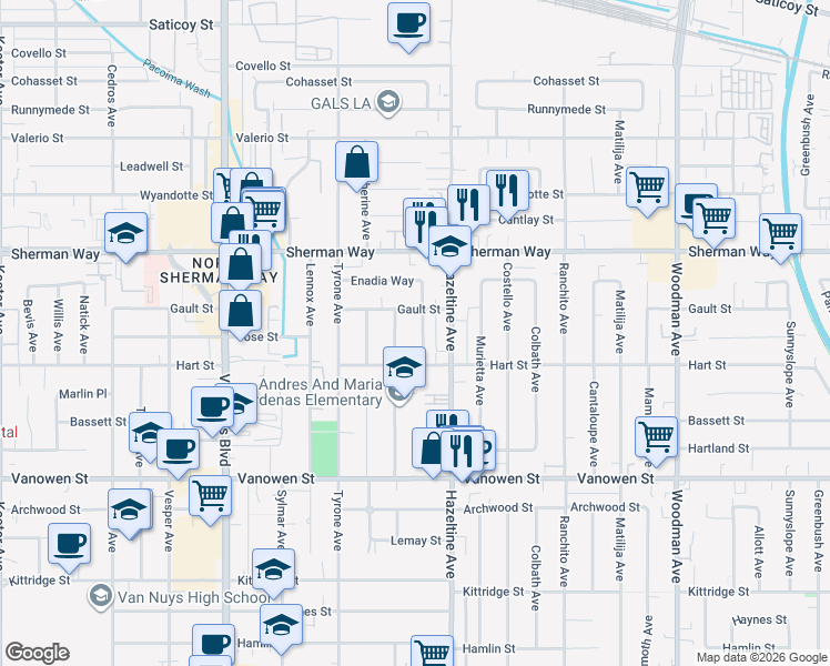 map of restaurants, bars, coffee shops, grocery stores, and more near 7029 Stansbury Avenue in Los Angeles