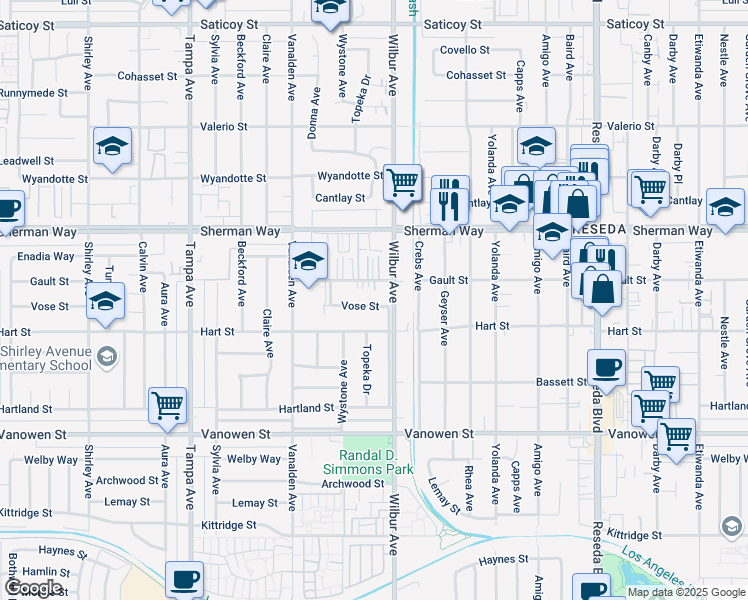 map of restaurants, bars, coffee shops, grocery stores, and more near 7033 Wilbur Avenue in Los Angeles