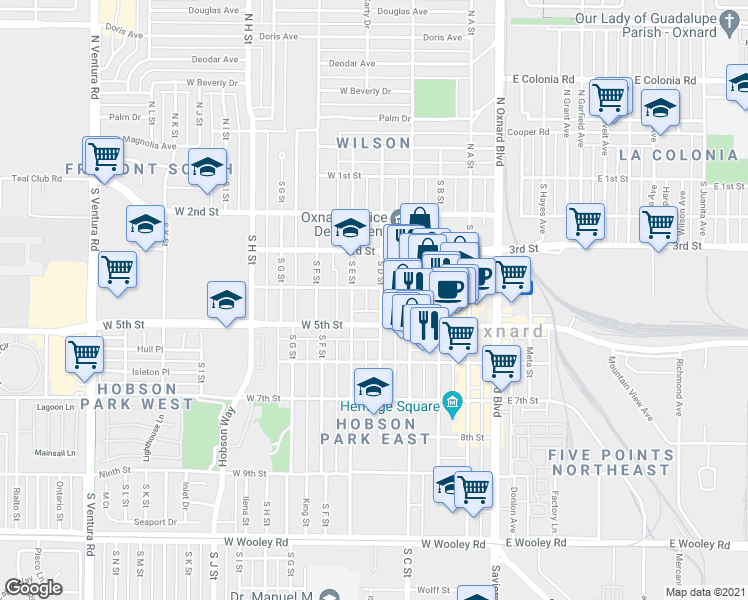 map of restaurants, bars, coffee shops, grocery stores, and more near 421 South D Street in Oxnard