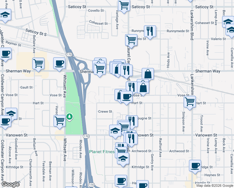 map of restaurants, bars, coffee shops, grocery stores, and more near 12201 Vose Street in Los Angeles
