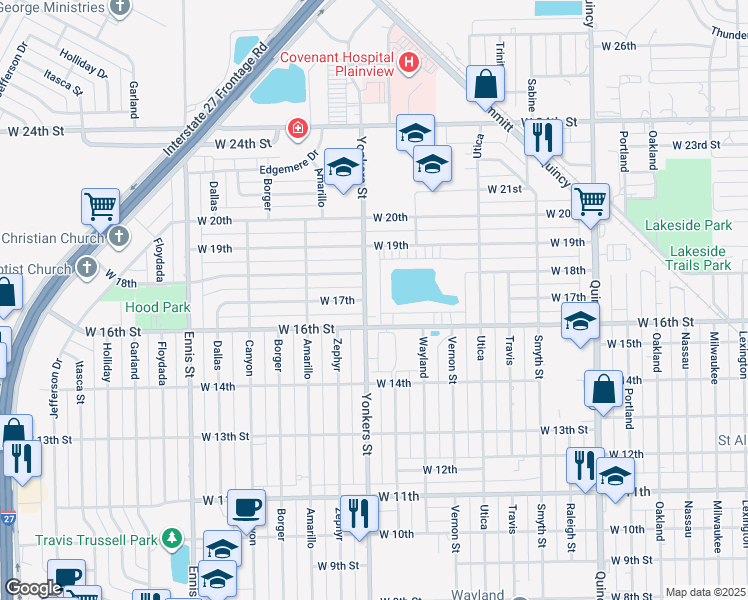 map of restaurants, bars, coffee shops, grocery stores, and more near 1600-1800 Yonkers Street in Plainview