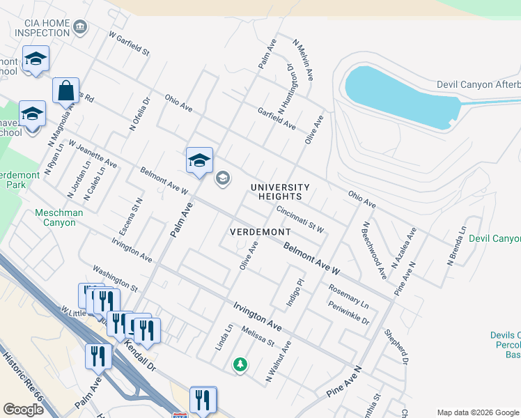 map of restaurants, bars, coffee shops, grocery stores, and more near 2813 Akron Street West in San Bernardino