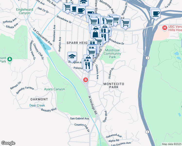 map of restaurants, bars, coffee shops, grocery stores, and more near 1809 Glencoe Way in Glendale