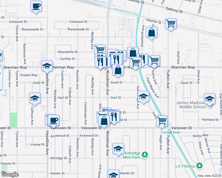 map of restaurants, bars, coffee shops, grocery stores, and more near 7040 Woodman Avenue in Los Angeles
