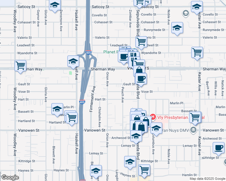 map of restaurants, bars, coffee shops, grocery stores, and more near 15447 Vose Street in Los Angeles