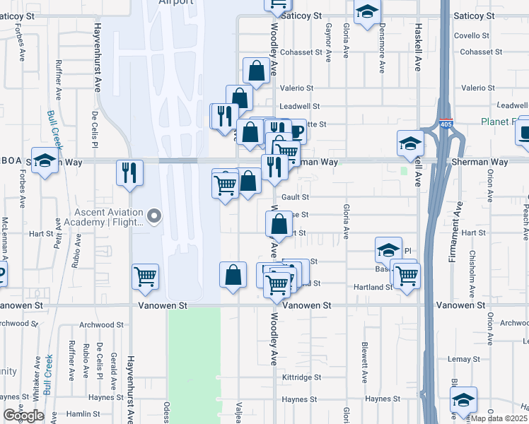 map of restaurants, bars, coffee shops, grocery stores, and more near 7032 Valjean Avenue in Los Angeles