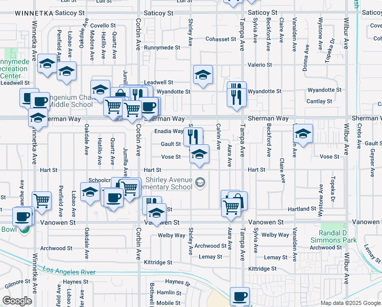 map of restaurants, bars, coffee shops, grocery stores, and more near 19511 Vose Street in Los Angeles