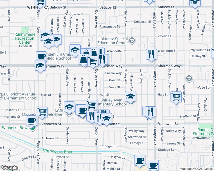 map of restaurants, bars, coffee shops, grocery stores, and more near 19559 Vose Street in Los Angeles