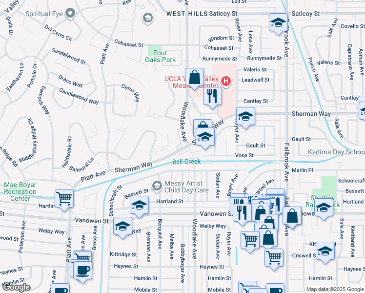 map of restaurants, bars, coffee shops, grocery stores, and more near 23201 West Canterbury Way in Los Angeles