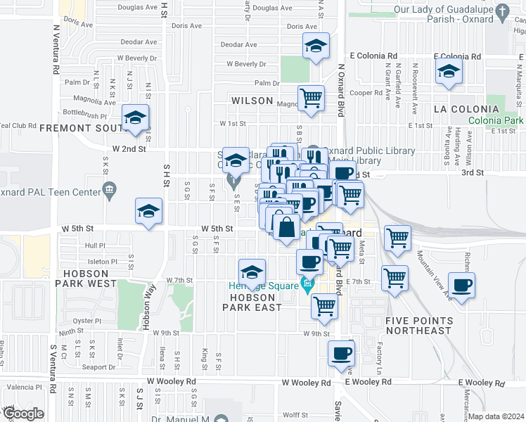 map of restaurants, bars, coffee shops, grocery stores, and more near 421 South D Street in Oxnard