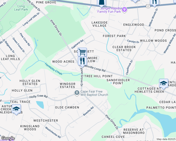 map of restaurants, bars, coffee shops, grocery stores, and more near 5130 Tidal Oaks in Wilmington