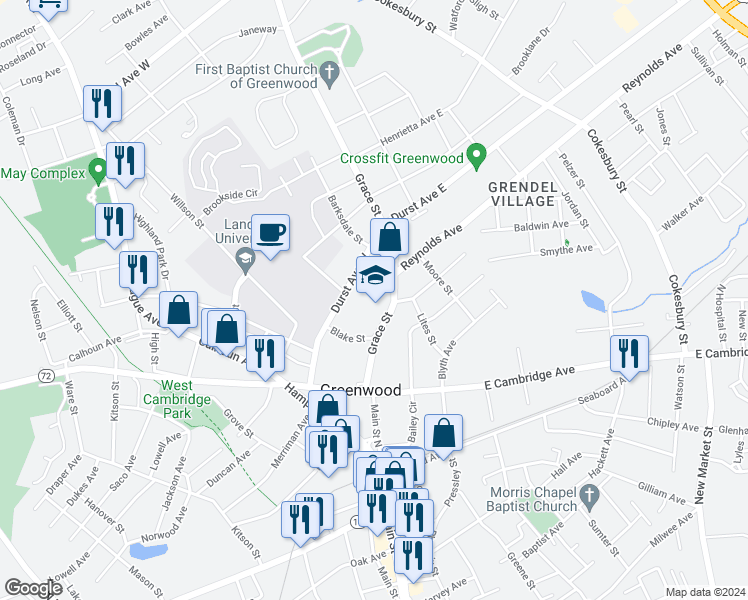 map of restaurants, bars, coffee shops, grocery stores, and more near 229 Grace Street in Greenwood