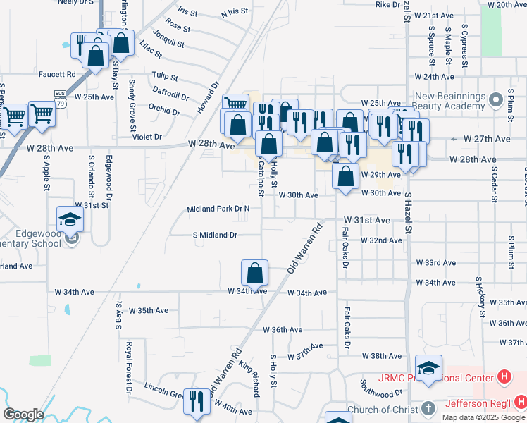 map of restaurants, bars, coffee shops, grocery stores, and more near 3100 South Catalpa Street in Pine Bluff