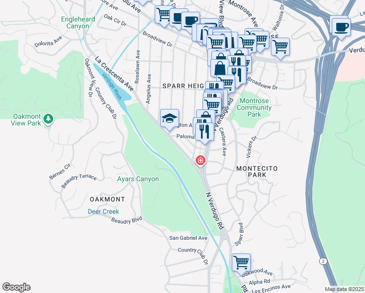 map of restaurants, bars, coffee shops, grocery stores, and more near 3250 La Crescenta Avenue in Glendale