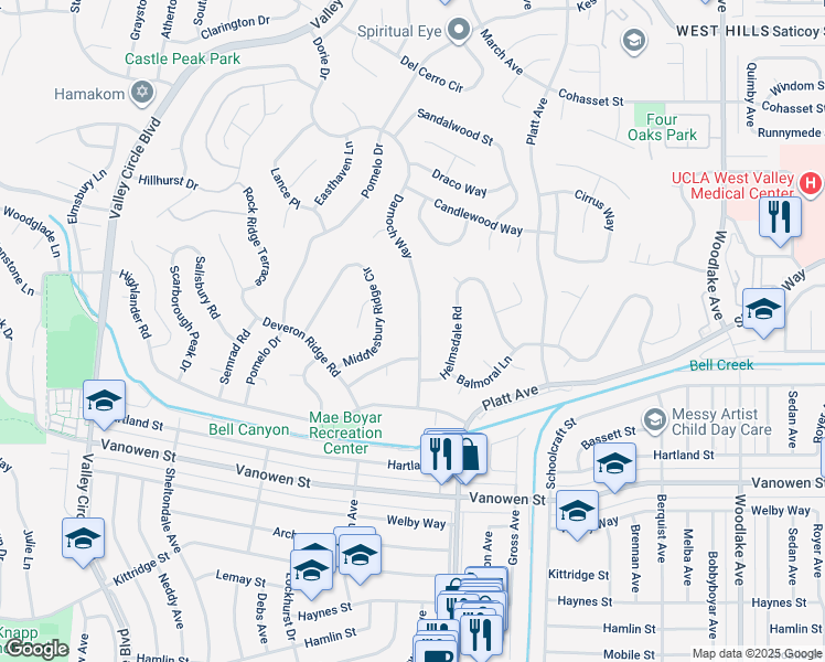 map of restaurants, bars, coffee shops, grocery stores, and more near 7053 Darnoch Way in Los Angeles